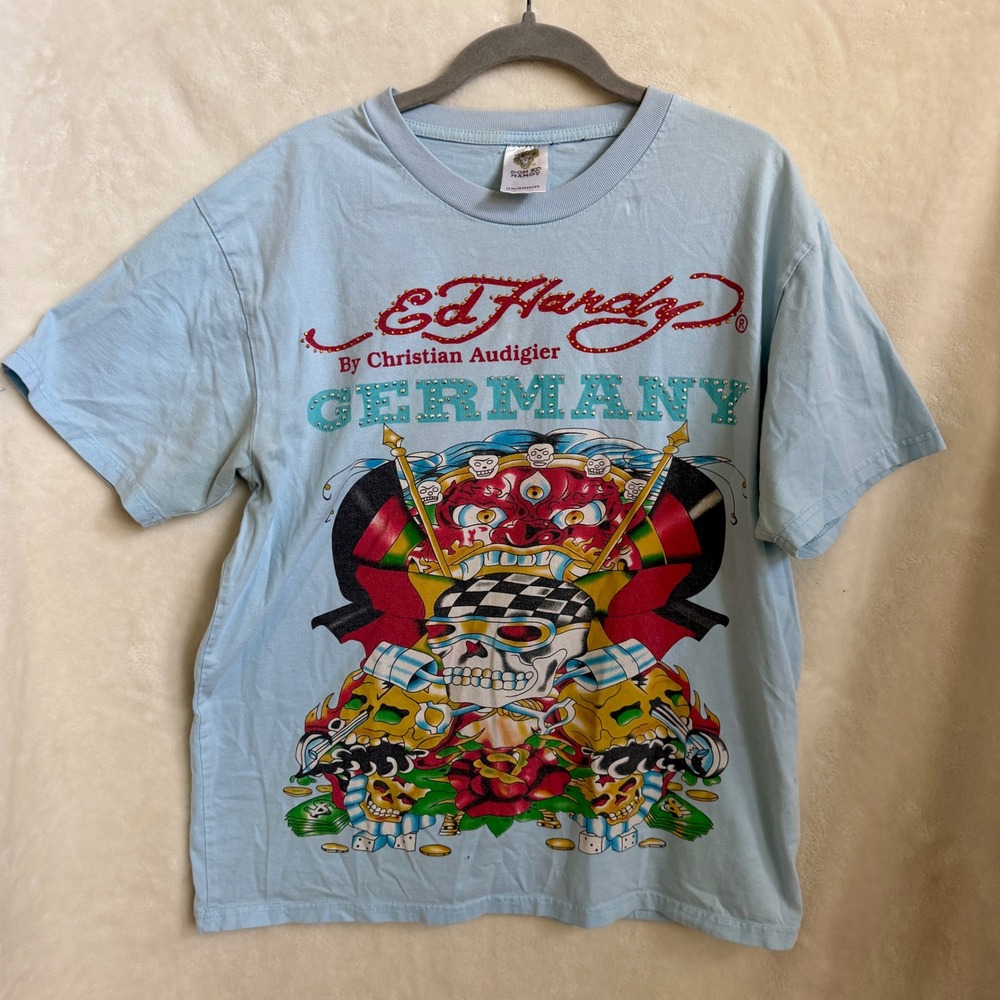 Vintage Ed Hardy By Christian Audigier Germany Mens Rhinestone Tee Size L Blue